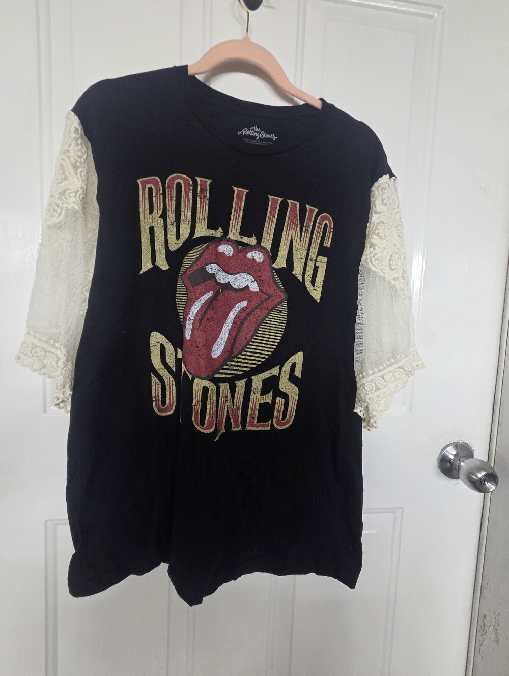 The Rolling Stones Upcycled Black Tee with Cream Lace Sleeves largr